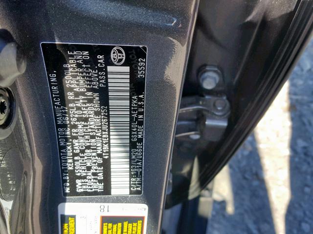 4T1BK1EBXJU267252 - 2018 TOYOTA AVALON XLE GRAY photo 10