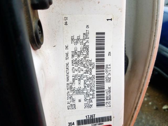 5TFRY5F1XCX127265 - 2012 TOYOTA TUNDRA DOUBLE CAB SR5  photo 10
