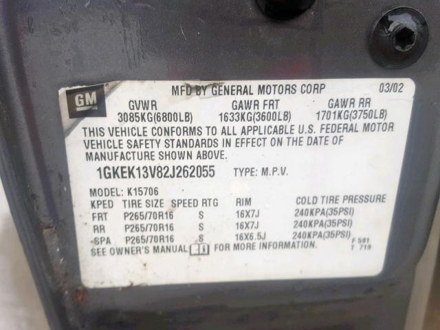 1GKEK13V82J262055 - 2002 GMC YUKON GRAY photo 10