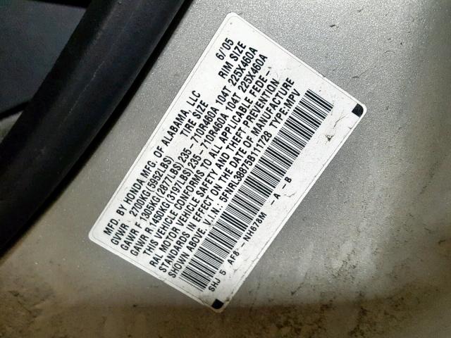 5FNRL38875B111728 - 2005 HONDA ODYSSEY TO SILVER photo 10