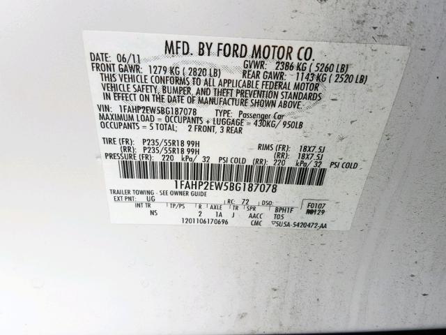 1FAHP2EW5BG187078 - 2011 FORD TAURUS SEL WHITE photo 10