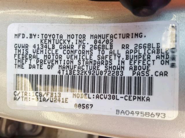 4T1BE32K92U072283 - 2002 TOYOTA CAMRY LE SILVER photo 10