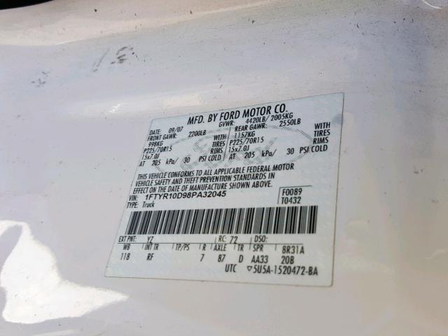 1FTYR10D98PA32045 - 2008 FORD RANGER WHITE photo 10