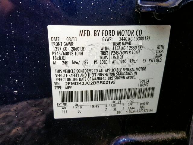 2FMDK3JC2BBB02192 - 2011 FORD EDGE SEL BLUE photo 10