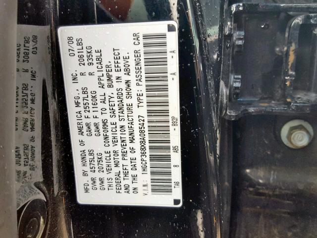 1HGCP368X8A085427 - 2008 HONDA ACCORD EXL BLACK photo 10