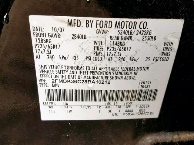 2FMDK36C28BA10212 - 2008 FORD EDGE SE BLACK photo 10