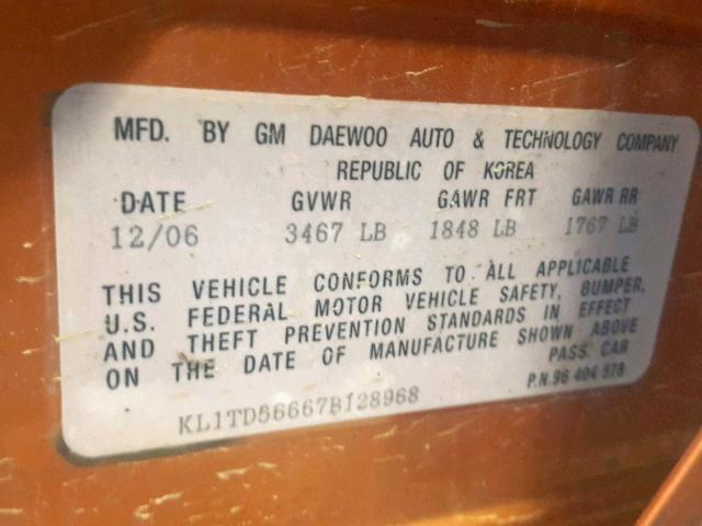KL1TD56667B128968 - 2007 CHEVROLET AVEO BASE Pomarańczowy zdjęcie 10