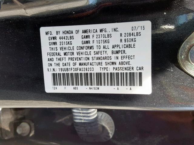 19UUB1F3XFA028203 - 2015 ACURA TLX GRAY photo 10