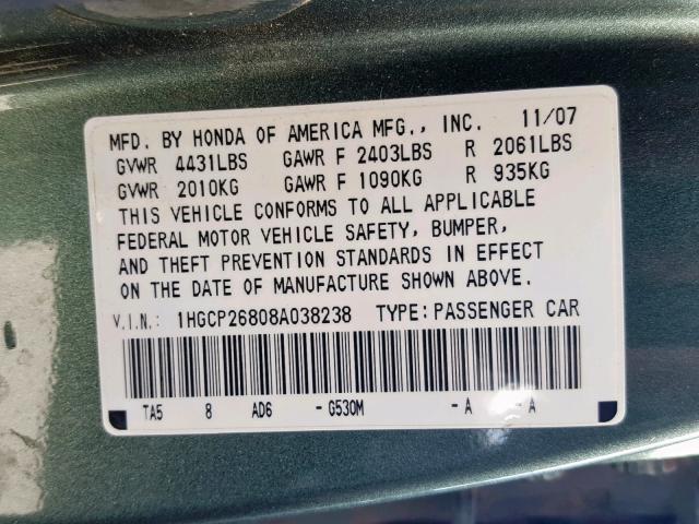 1HGCP26808A038238 - 2008 HONDA ACCORD EXL GREEN photo 10