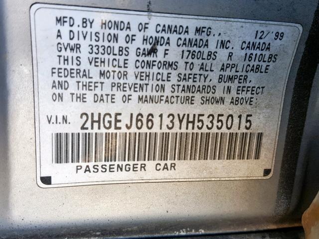 2HGEJ6613YH535015 - 2000 HONDA CIVIC BASE SILVER photo 10