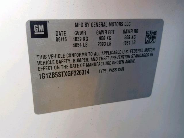 1G1ZB5STXGF326314 - 2016 CHEVROLET MALIBU LS WHITE photo 10