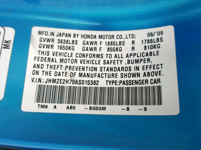 JHMZE2H70AS015382 - 2010 HONDA INSIGHT BLUE photo 10