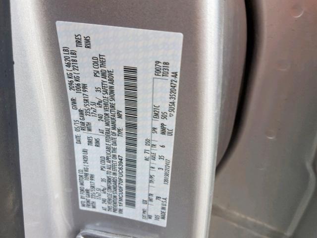 1FMCU0F70FUC63947 - 2015 FORD ESCAPE S SILVER photo 10