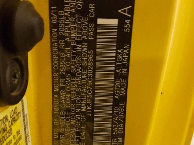 JTKJF5C79C3028965 - 2012 TOYOTA SCION TC ყვითელი ფოტო 10