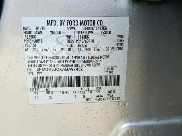 2FMDK3JCXABA97452 - 2010 FORD EDGE SEL SILVER photo 10