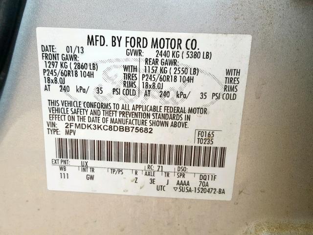 2FMDK3KC8DBB75682 - 2013 FORD EDGE LIMIT SILVER photo 10