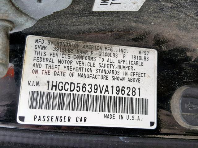 1HGCD5639VA196281 - 1997 HONDA ACCORD LX BLACK photo 10