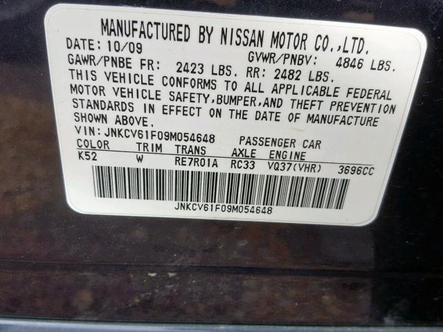 JNKCV61F09M054648 - 2009 INFINITI G37 GRAY photo 10