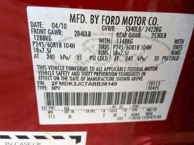 2FMDK3JC7ABB38149 - 2010 FORD EDGE SEL RED photo 10