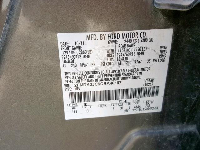 2FMDK3JC6CBA40197 - 2012 FORD EDGE SEL GREEN photo 10