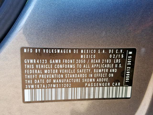 3VW1K7AJ7FM311202 - 2015 VOLKSWAGEN JETTA BASE GRAY photo 10
