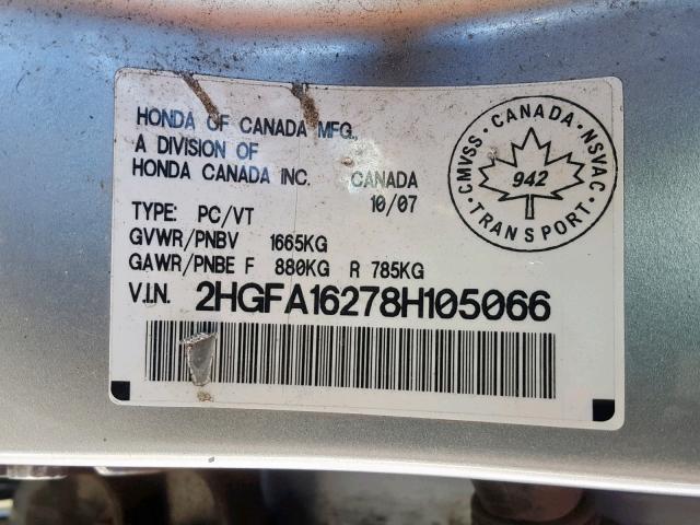 2HGFA16278H105066 - 2008 HONDA CIVIC DX SILVER photo 10