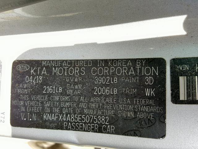 KNAFX4A85E5075382 - 2014 KIA FORTE EX SILVER photo 10