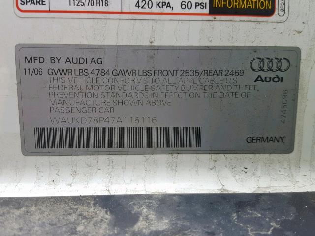 WAUKD78P47A116116 - 2007 AUDI A3 S-LINE WHITE photo 10