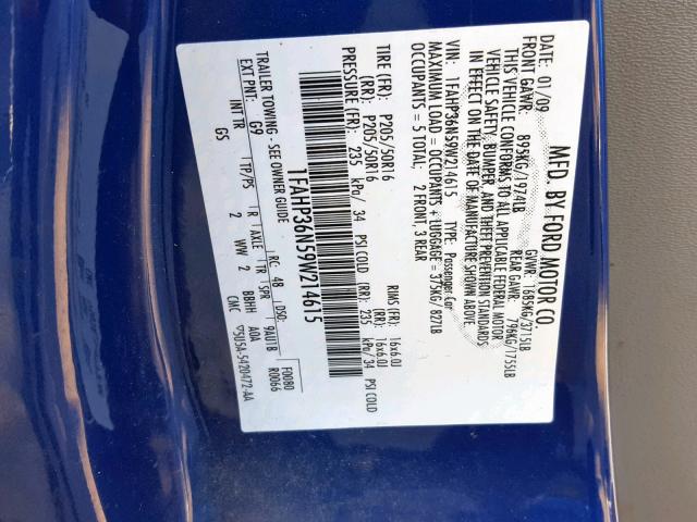 1FAHP36N59W214615 - 2009 FORD FOCUS SES BLUE photo 10