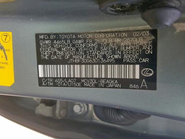 JTHBF30G630136495 - 2003 LEXUS ES 300 GRAY photo 10