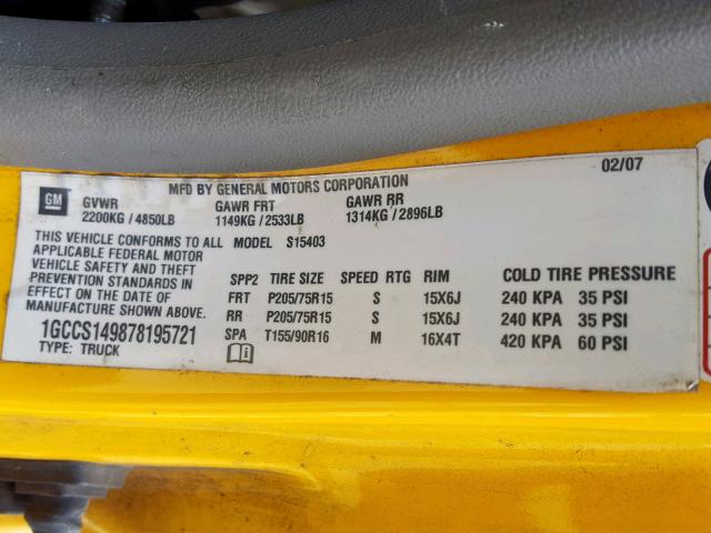 1GCCS149878195721 - 2007 CHEVROLET COLORADO YELLOW photo 10