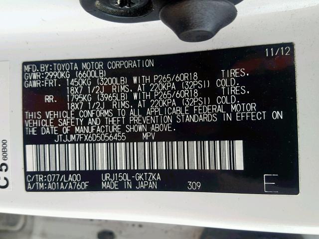 JTJJM7FX6D5056455 - 2013 LEXUS GX PREMIUM WHITE photo 10