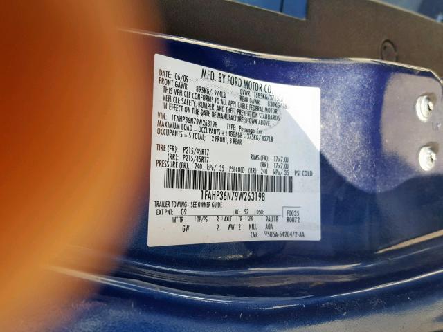 1FAHP36N79W263198 - 2009 FORD FOCUS SES BLUE photo 10