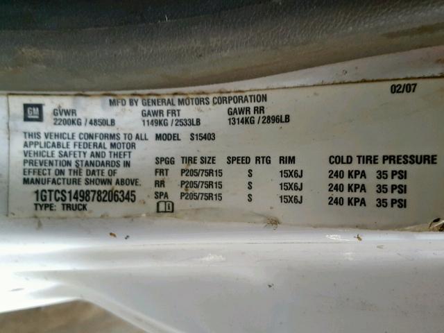 1GTCS149878206345 - 2007 GMC CANYON WHITE photo 10
