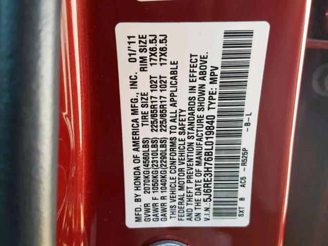 5J6RE3H76BL019840 - 2011 HONDA CR-V EXL RED photo 10