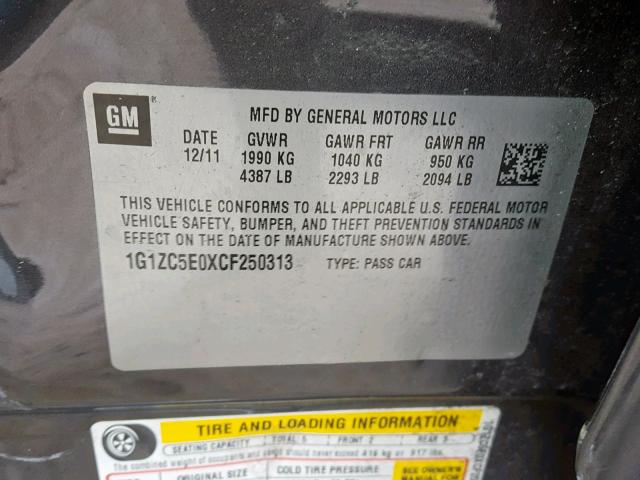 1G1ZC5E0XCF250313 - 2012 CHEVROLET MALIBU 1LT 灰色 照片 10