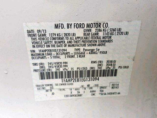 1FAHP2E81EG131094 - 2014 FORD TAURUS SEL WHITE photo 10