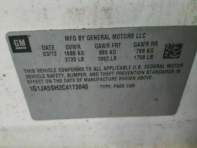 1G1JA5SH2C4173848 - 2012 CHEVROLET SONIC LS WHITE photo 10