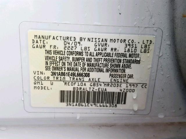 3N1AB61E49L666308 - 2009 NISSAN SENTRA 2.0 WHITE photo 10