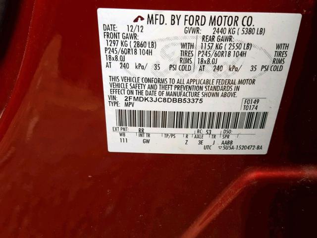 2FMDK3JC8DBB53375 - 2013 FORD EDGE SEL RED photo 10