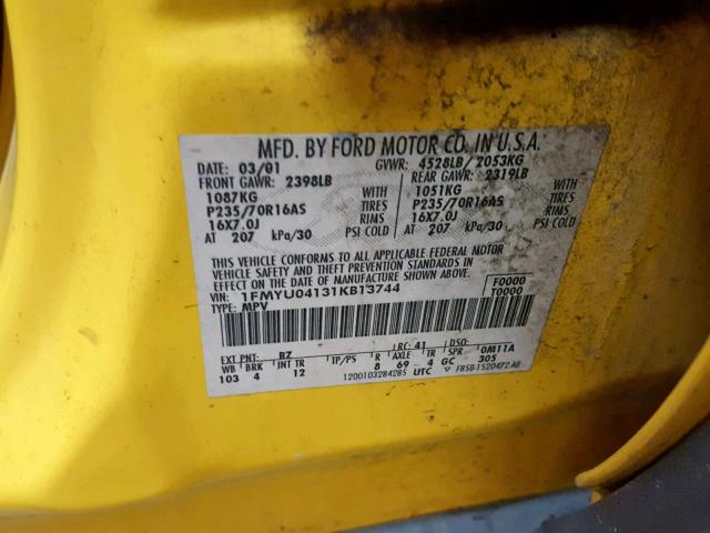 1FMYU04131KB13744 - 2001 FORD ESCAPE XLT YELLOW photo 10