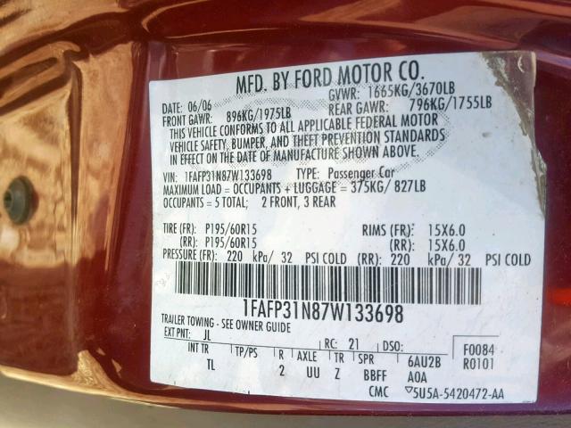 1FAFP31N87W133698 - 2007 FORD FOCUS ZX3 MAROON photo 10