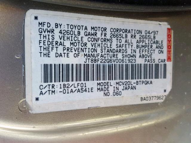 JT8BF22G6V0061923 - 1997 LEXUS ES 300 BEIGE photo 10