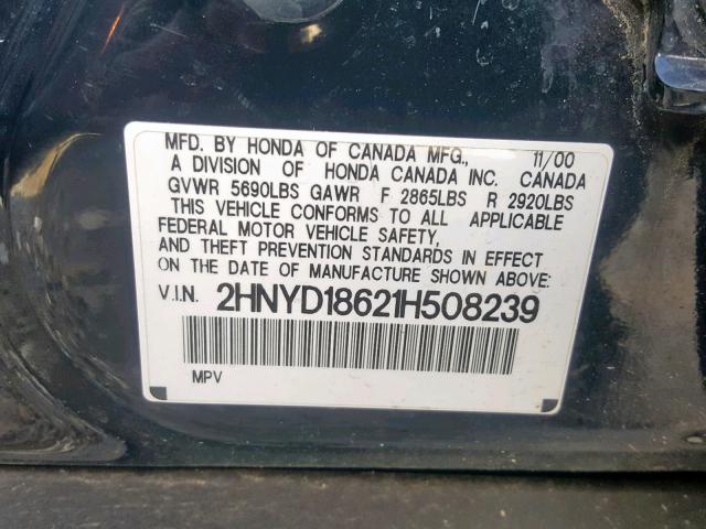 2HNYD18621H508239 - 2001 ACURA MDX TOURIN BLACK photo 10