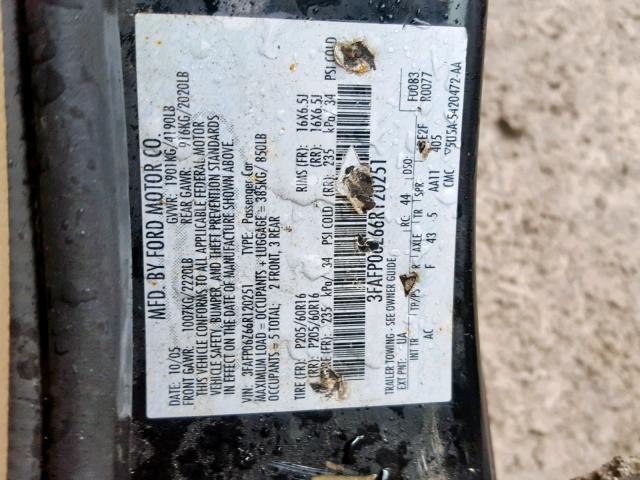 3FAFP06Z66R120251 - 2006 FORD FUSION S BLACK photo 10