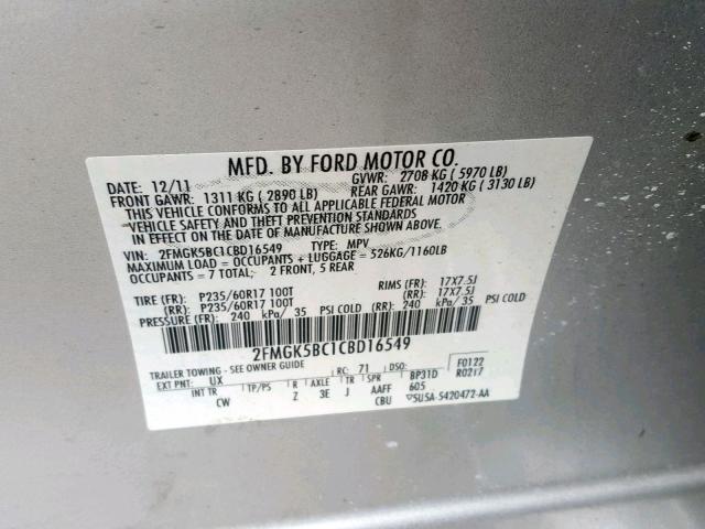 2FMGK5BC1CBD16549 - 2012 FORD FLEX SE SILVER photo 10