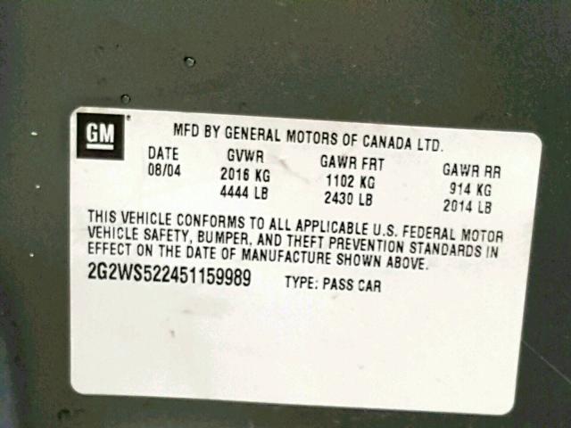 2G2WS522451159989 - 2005 PONTIAC GRAND PRIX GRAY photo 10