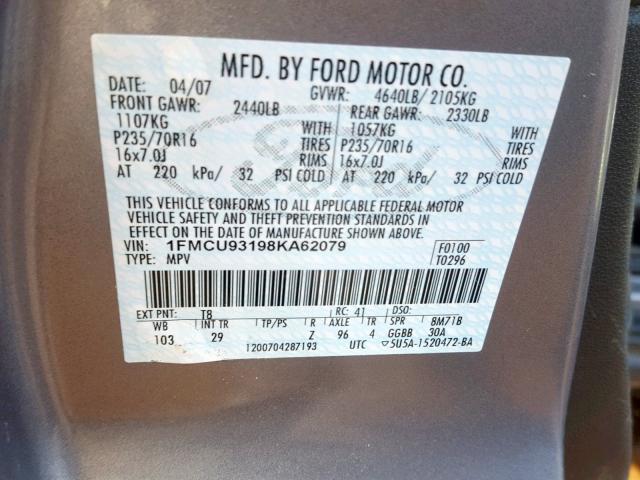 1FMCU93198KA62079 - 2008 FORD ESCAPE XLT GRAY photo 10