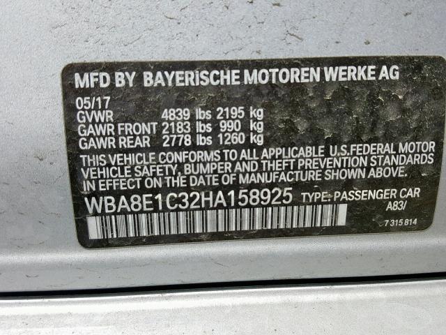 WBA8E1C32HA158925 - 2017 BMW 330E SILVER photo 10