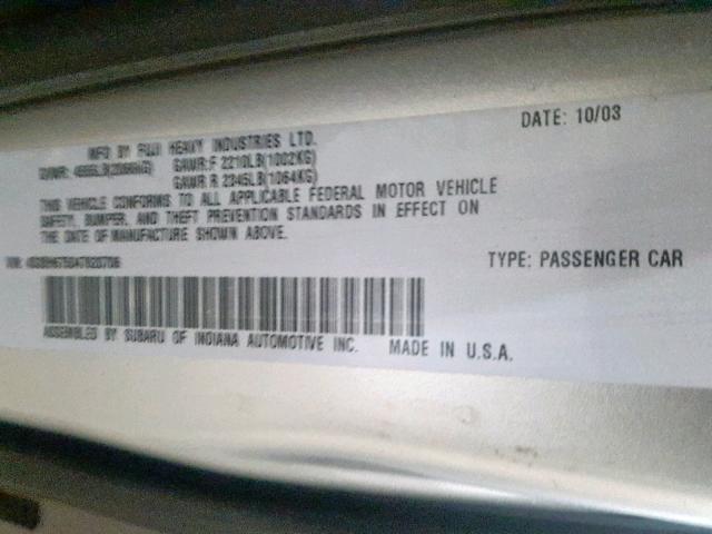 4S3BH675047620706 - 2004 SUBARU LEGACY OUT SILVER photo 10